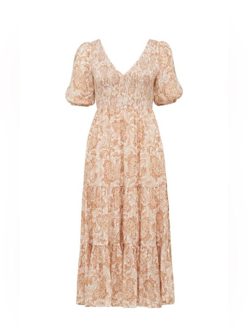 Ever New Amy Tiered Midi Dress Paisley Shirred Cream Tan Brown Pink US 12 Boho